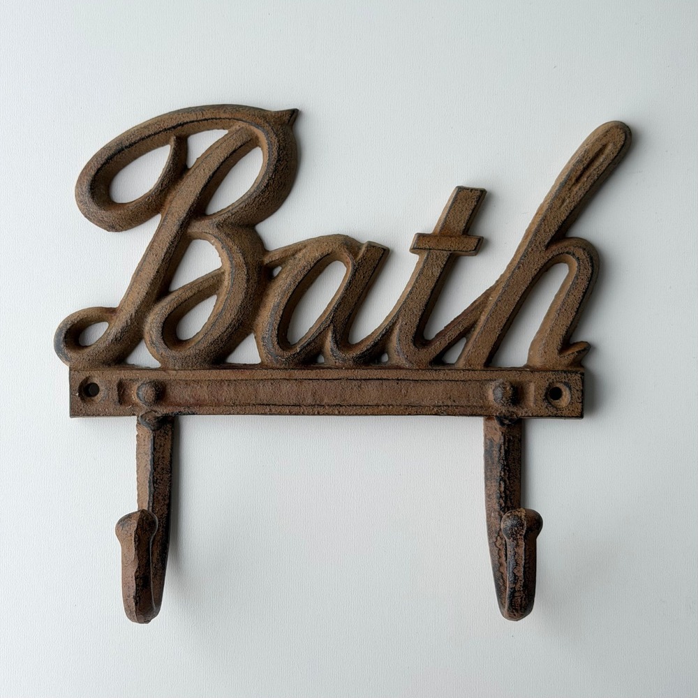 Vintage Cast Iron Bath Wall Hook‎ Rack Rustic Towel Hanger Sign Farmhouse